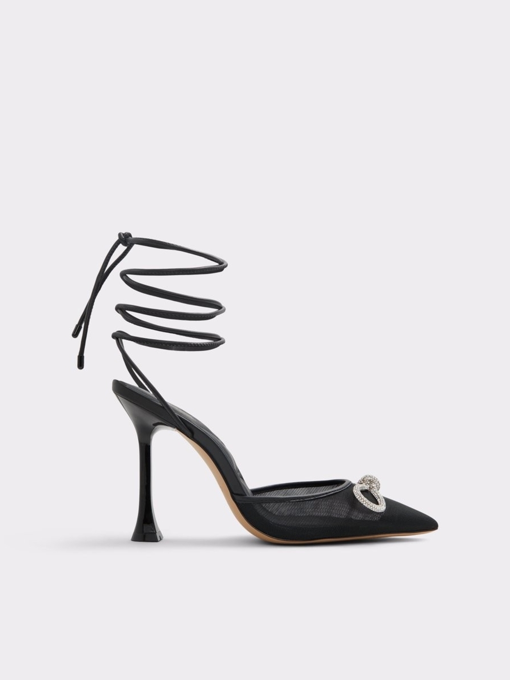 Black Pointed Lace-Up Stiletto Pumps with Crystal Detail